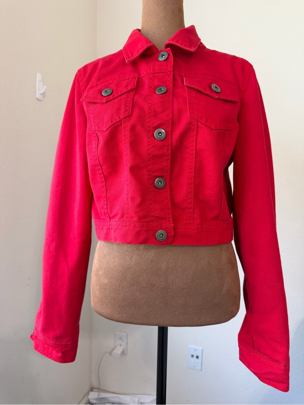 Mossimo Supply Co. Bright Red Cropped Button-Up Jean Jacket-NWOT